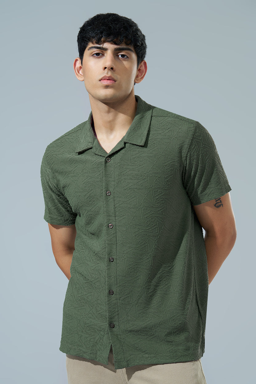 Olive Textured Regular Fit Casual Shirt For Men - Image 2