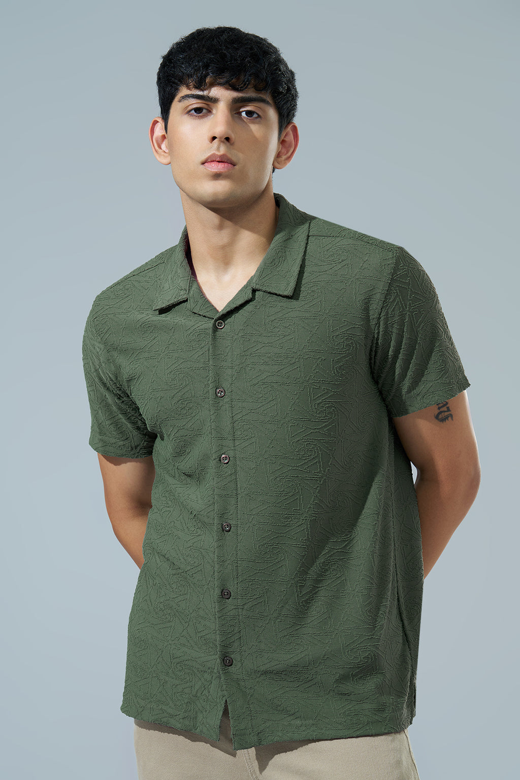 Olive Textured Regular Fit Casual Shirt for Men - Image 2