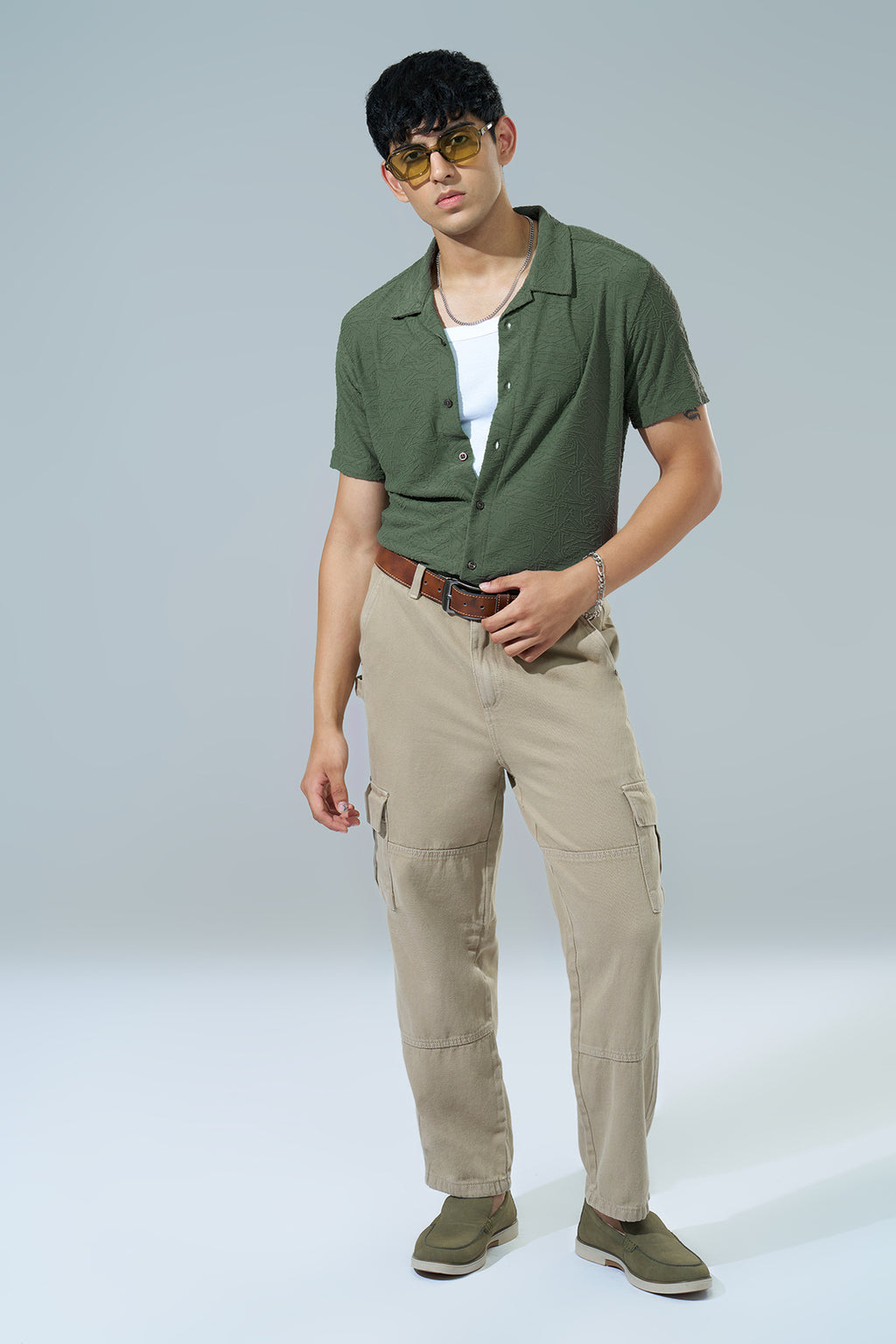 Olive Textured Regular Fit Casual Shirt for Men - Image 6