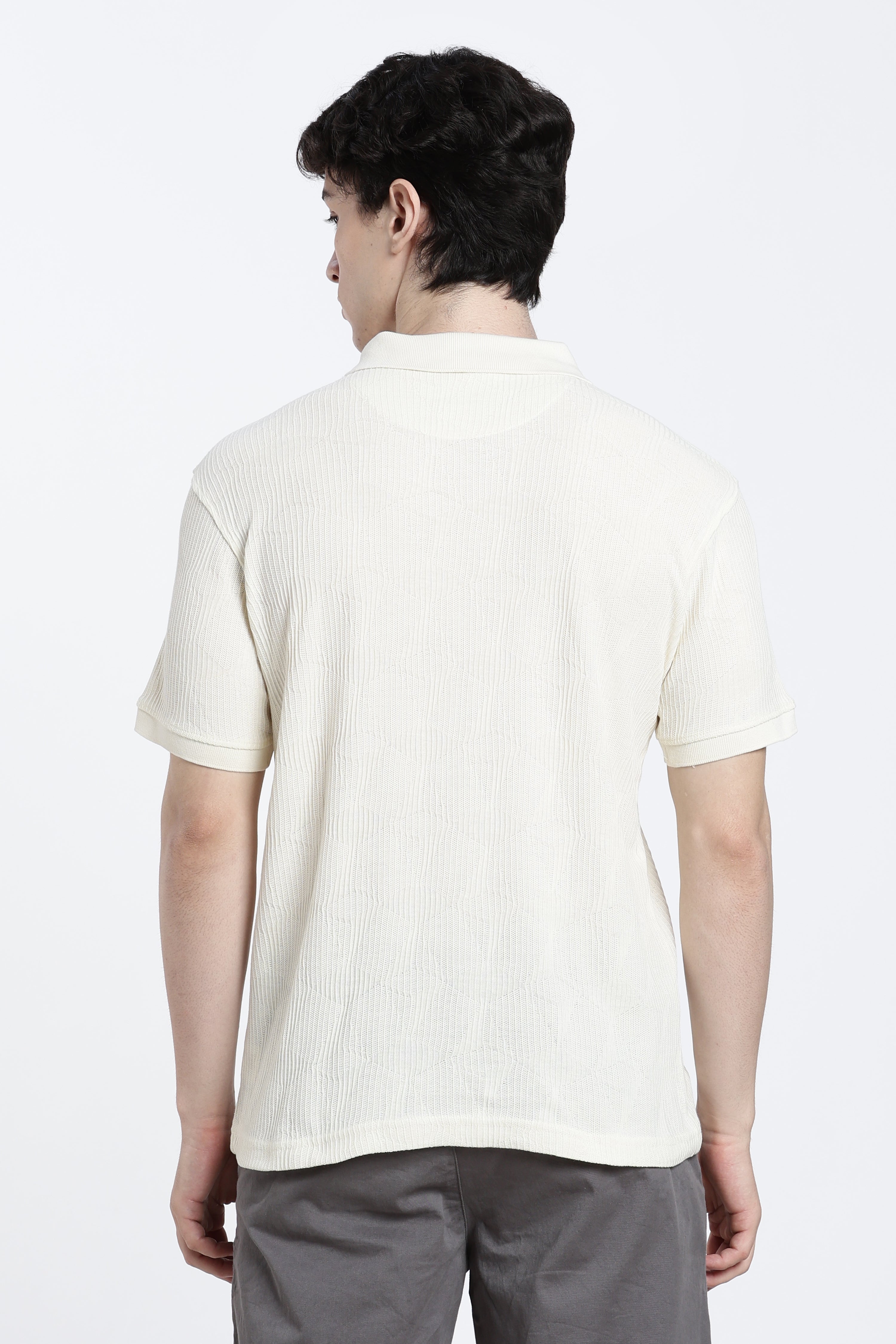 Off White Textured Regular Fit Polo T-Shirt for Men - Image 5