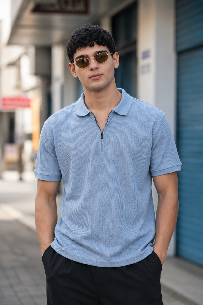 Blue Textured Regular Fit Polo T-Shirt For Men - Image 1