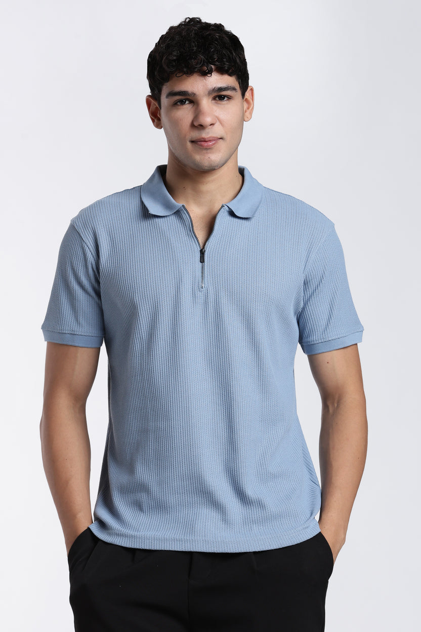 Blue Textured Regular Fit Polo T-Shirt For Men - Image 2