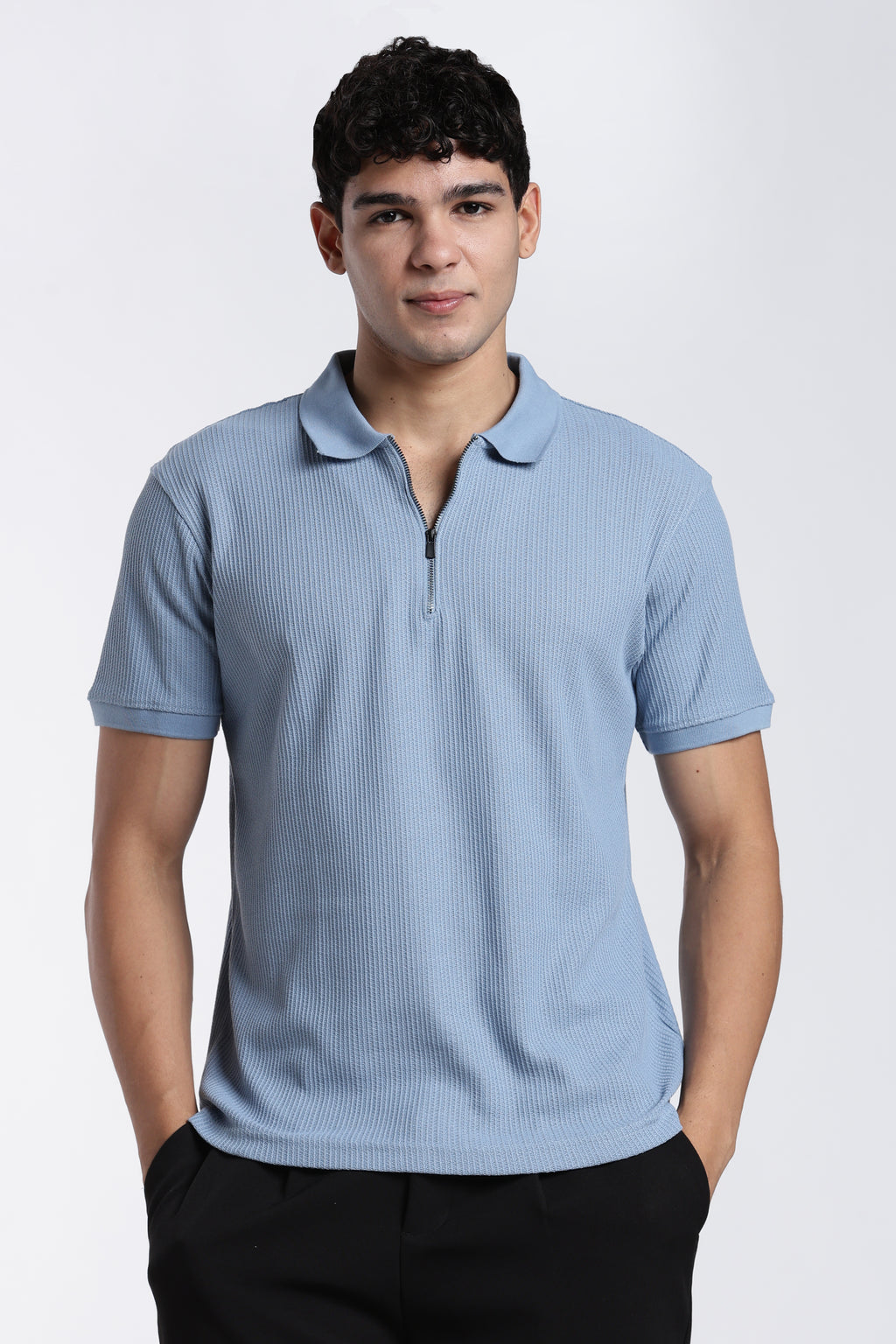 Blue Textured Regular Fit Polo T-Shirt for Men - Image 2
