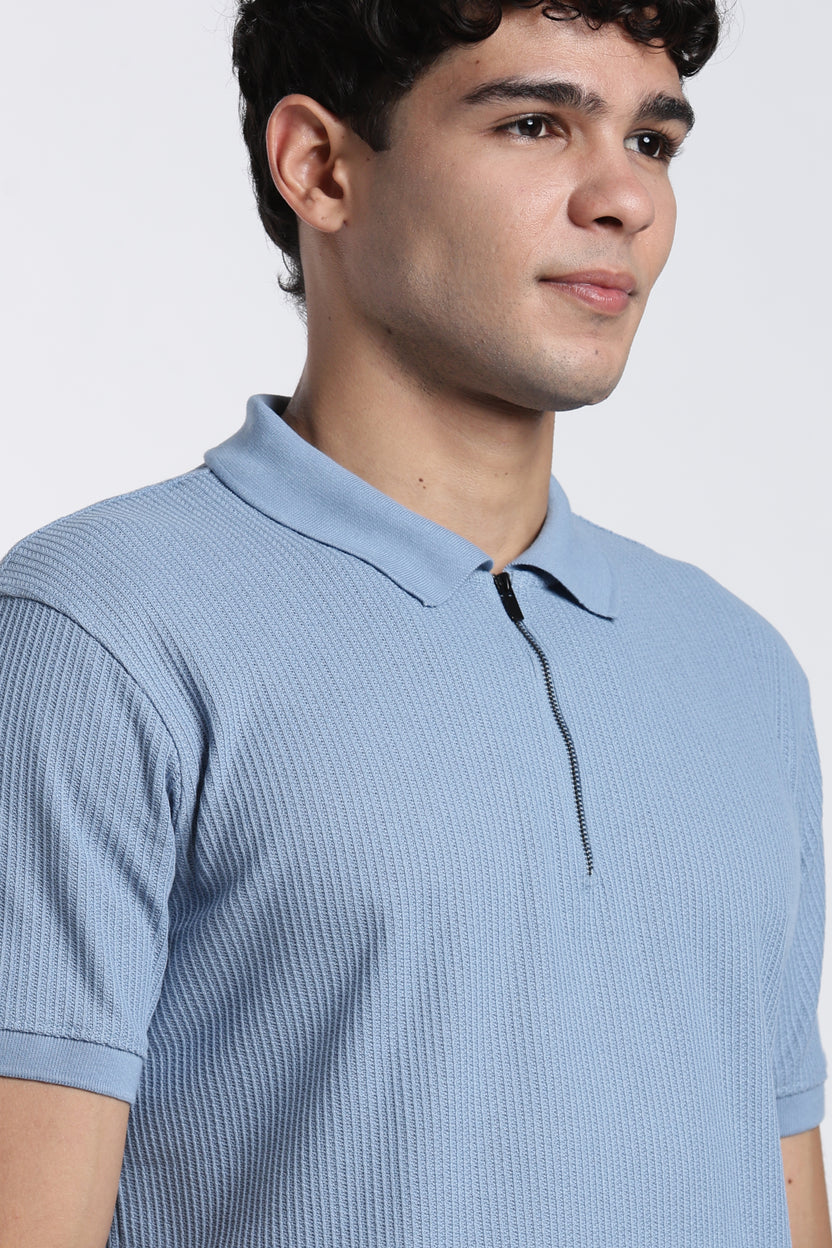 Blue Textured Regular Fit Polo T-Shirt For Men - Image 3