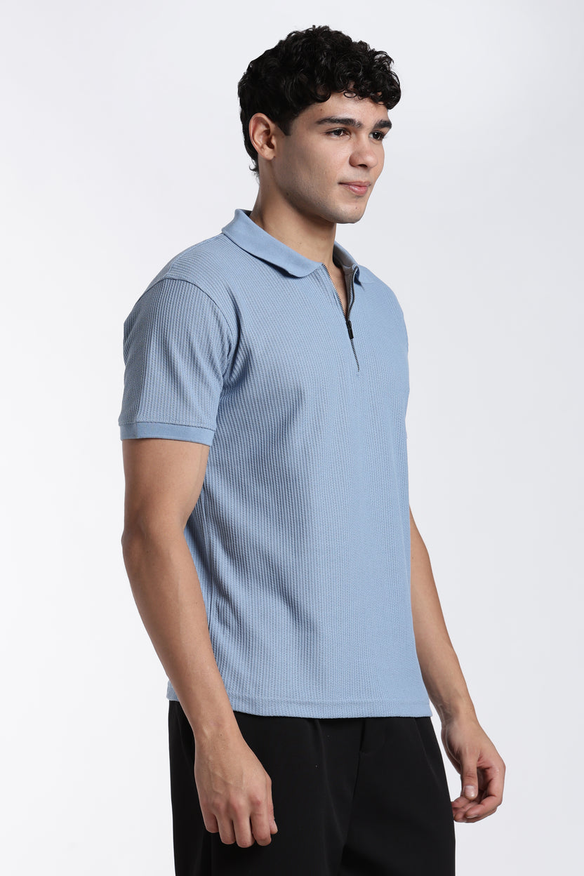 Blue Textured Regular Fit Polo T-Shirt For Men - Image 4