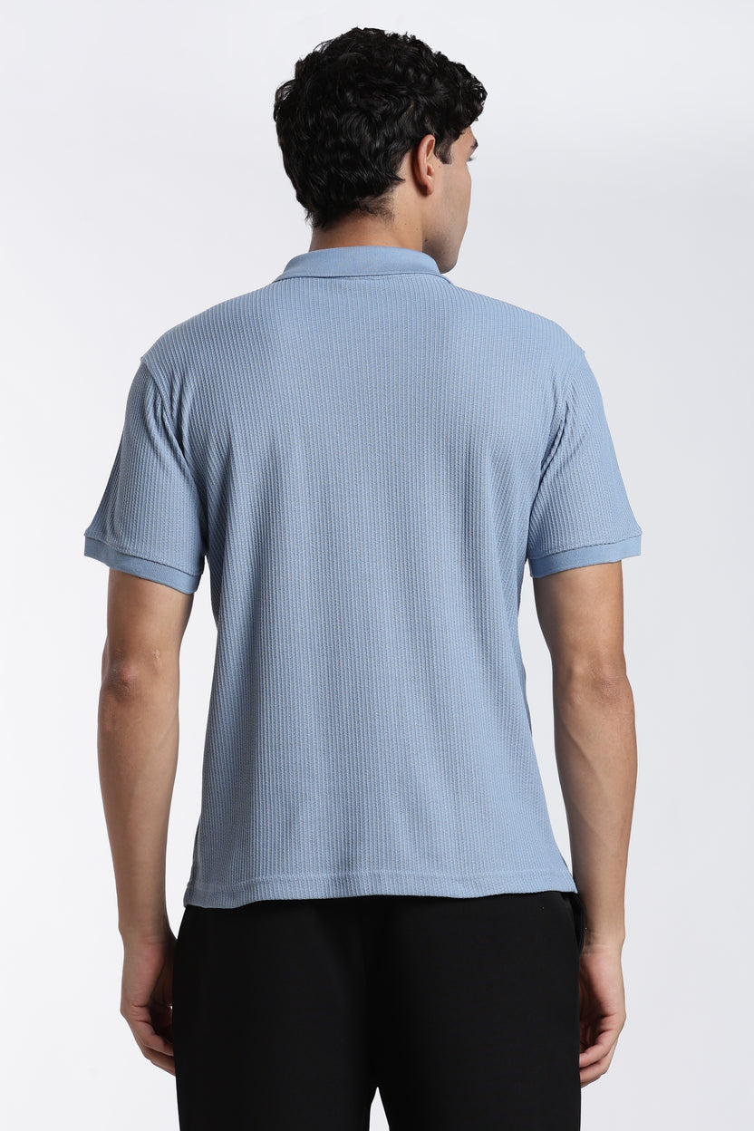 Blue Textured Regular Fit Polo T-Shirt For Men - Image 5