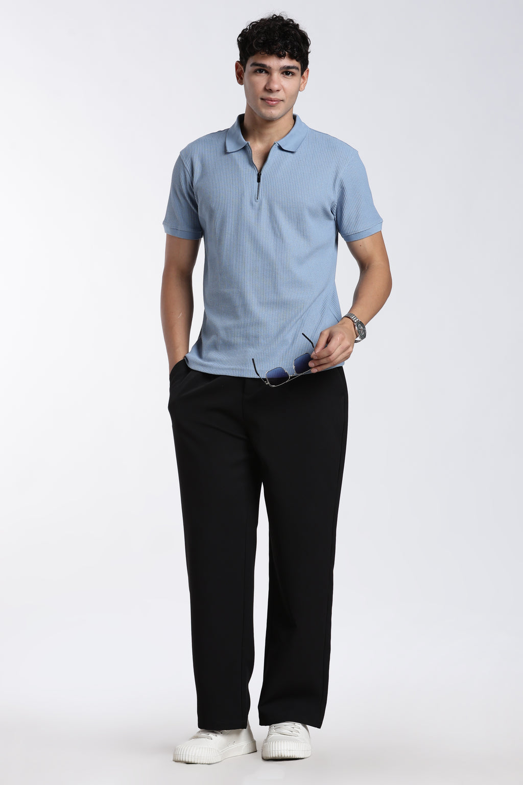Blue Textured Regular Fit Polo T-Shirt for Men - Image 6