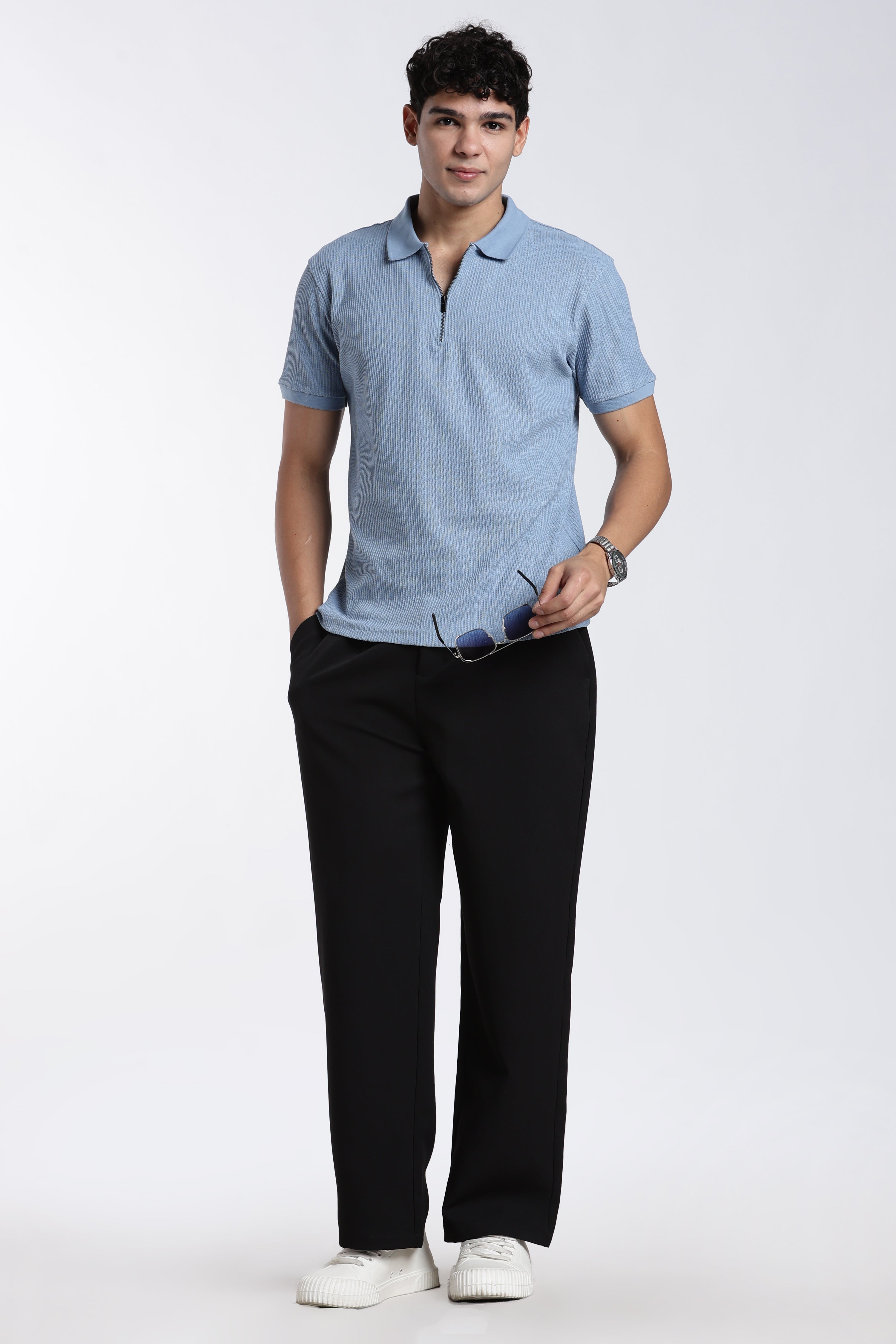Blue Textured Regular Fit Polo T-Shirt for Men - Image 6