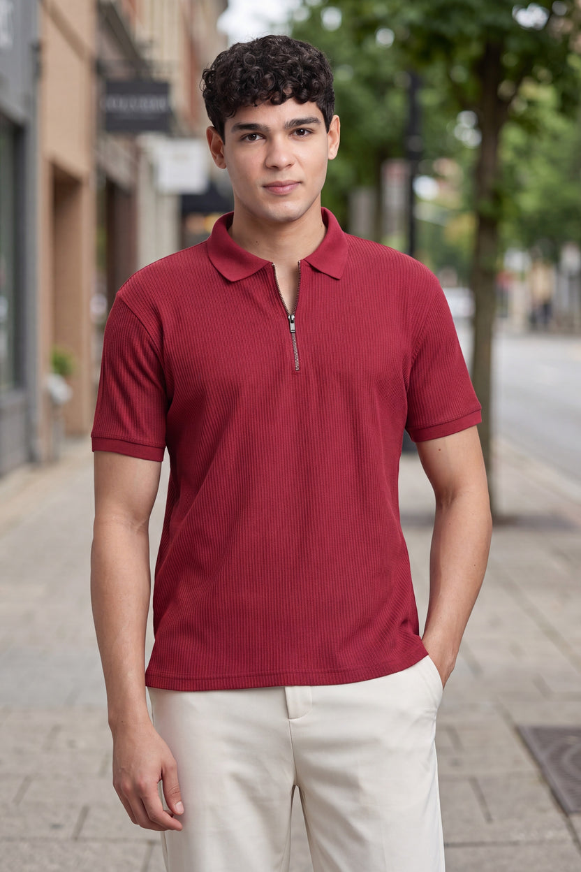 Maroon Textured Regular Fit Polo T-Shirt For Men - Image 1