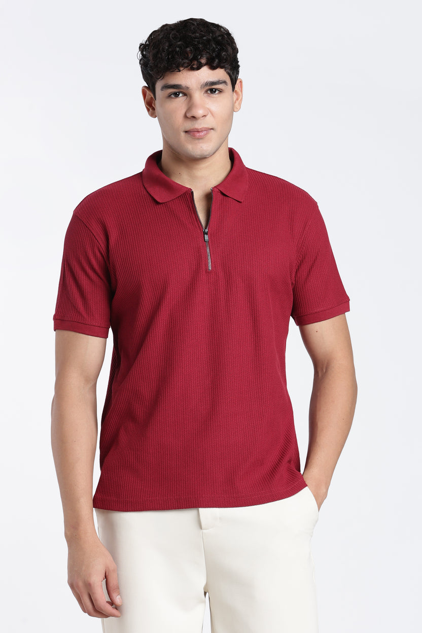 Maroon Textured Regular Fit Polo T-Shirt For Men - Image 2