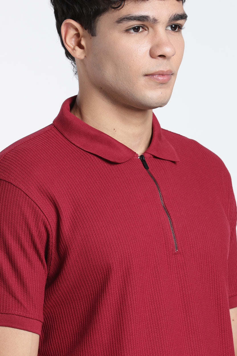 Maroon Textured Regular Fit Polo T-Shirt For Men - Image 7