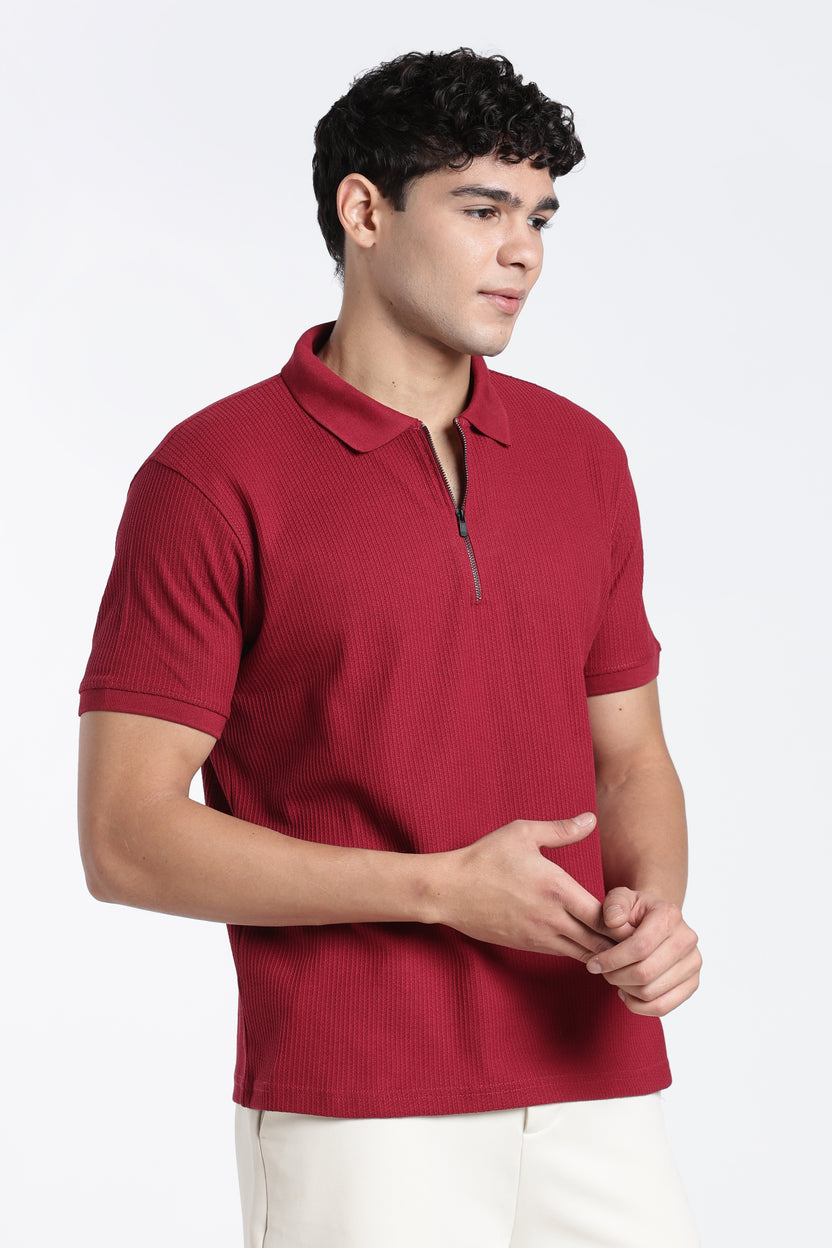Maroon Textured Regular Fit Polo T-Shirt For Men - Image 4