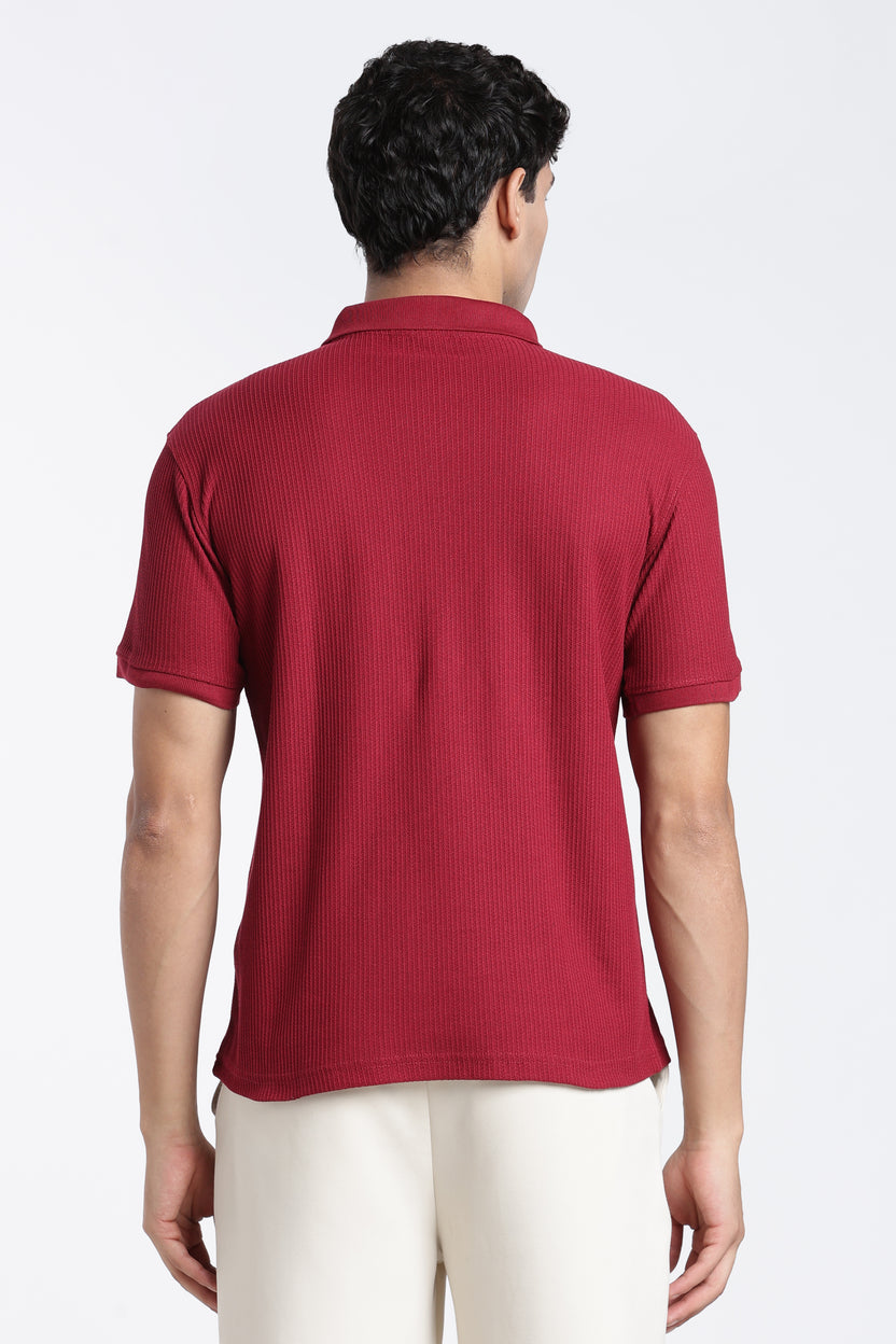 Maroon Textured Regular Fit Polo T-Shirt For Men - Image 5