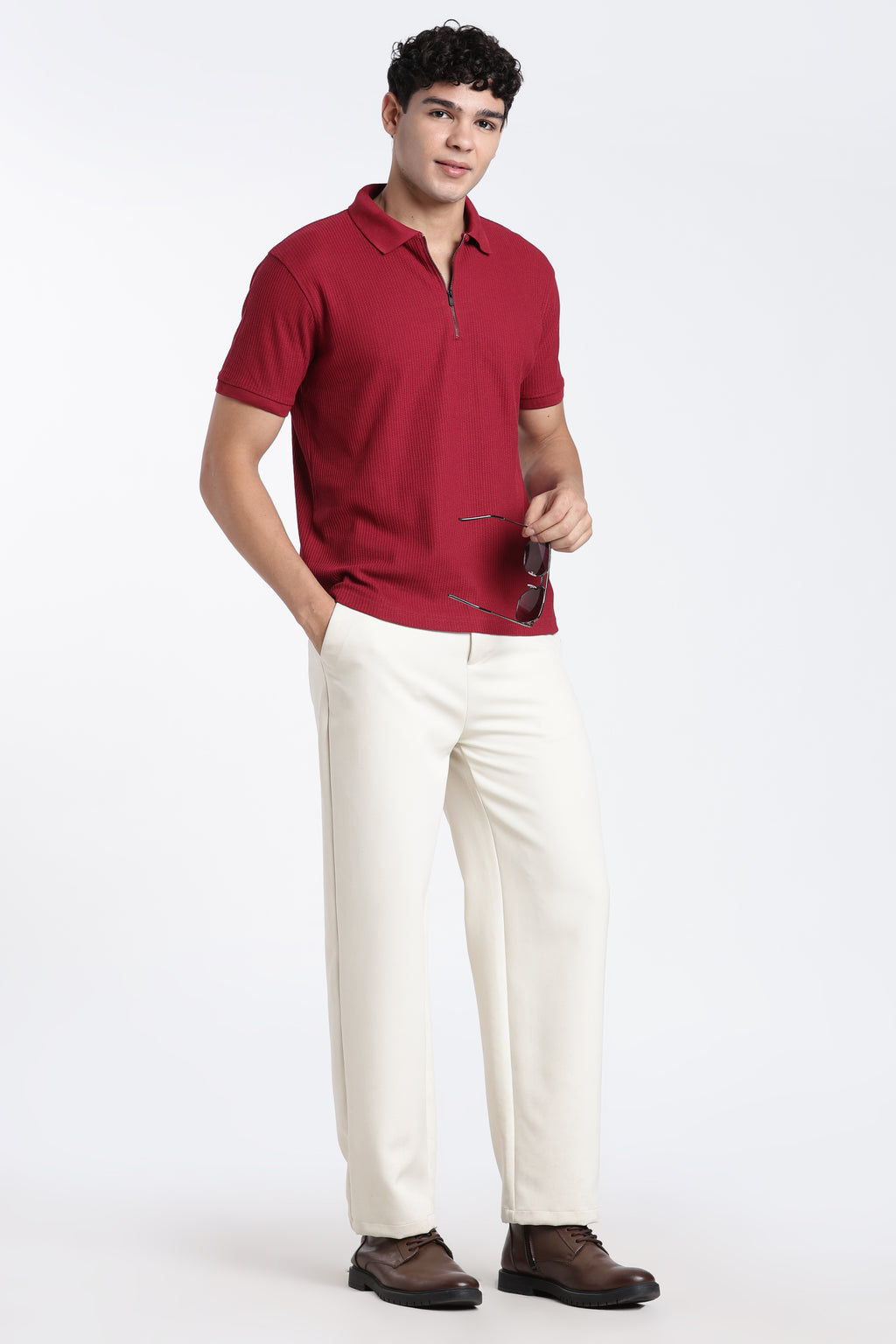 Maroon Textured Regular Fit Polo T-Shirt For Men - Image 6