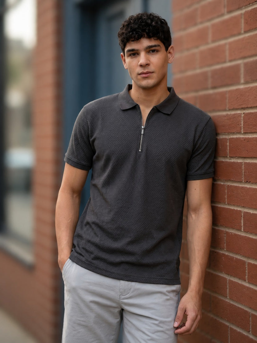Charcoal Textured Regular Fit Zipper T-Shirt For Men - Image 1