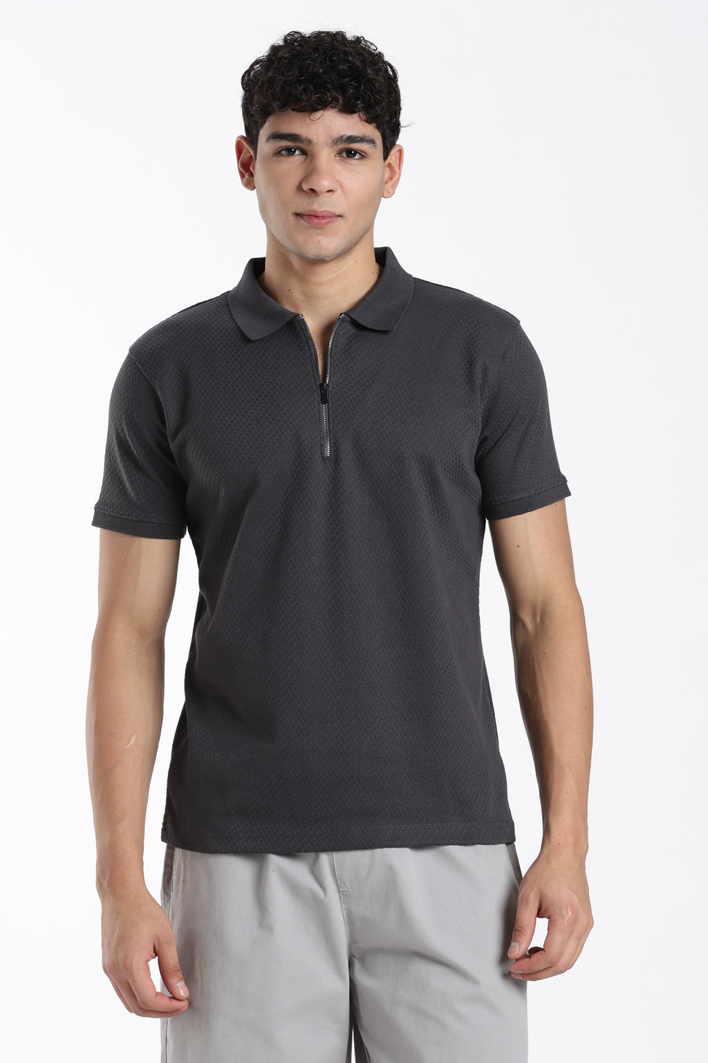Charcoal Textured Regular Fit Zipper T-Shirt For Men - Image 2
