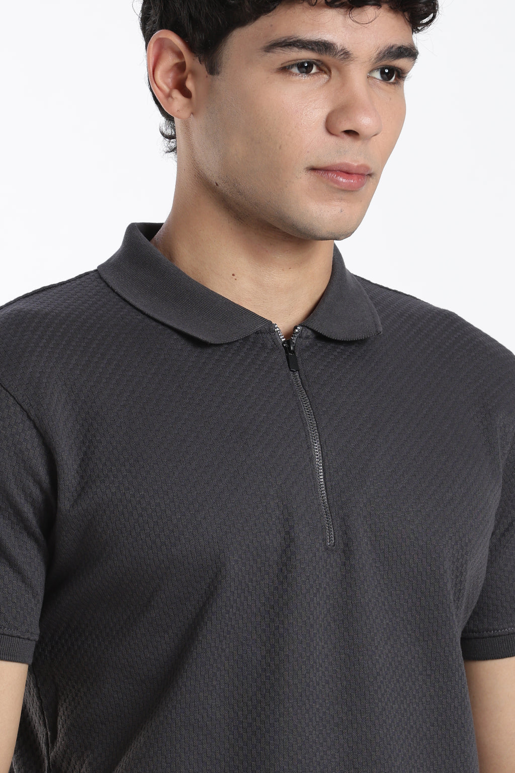 Charcoal Textured Regular Fit Zipper T-Shirt For Men - Image 3