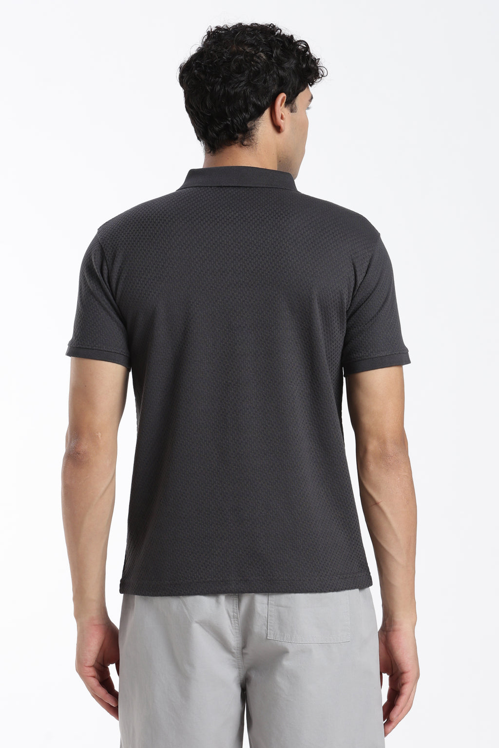 Charcoal Textured Regular Fit Zipper T-Shirt For Men - Image 5