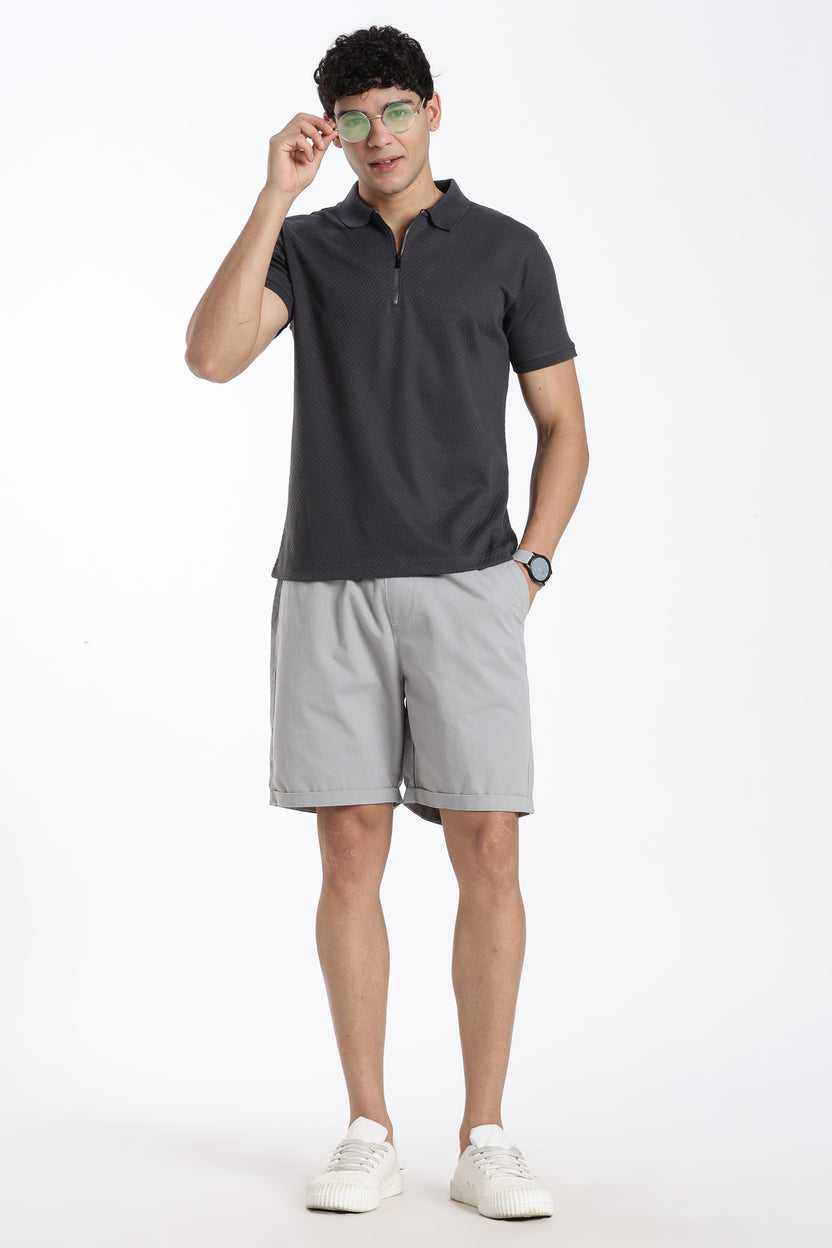 Charcoal Textured Regular Fit Zipper T-Shirt For Men - Image 6