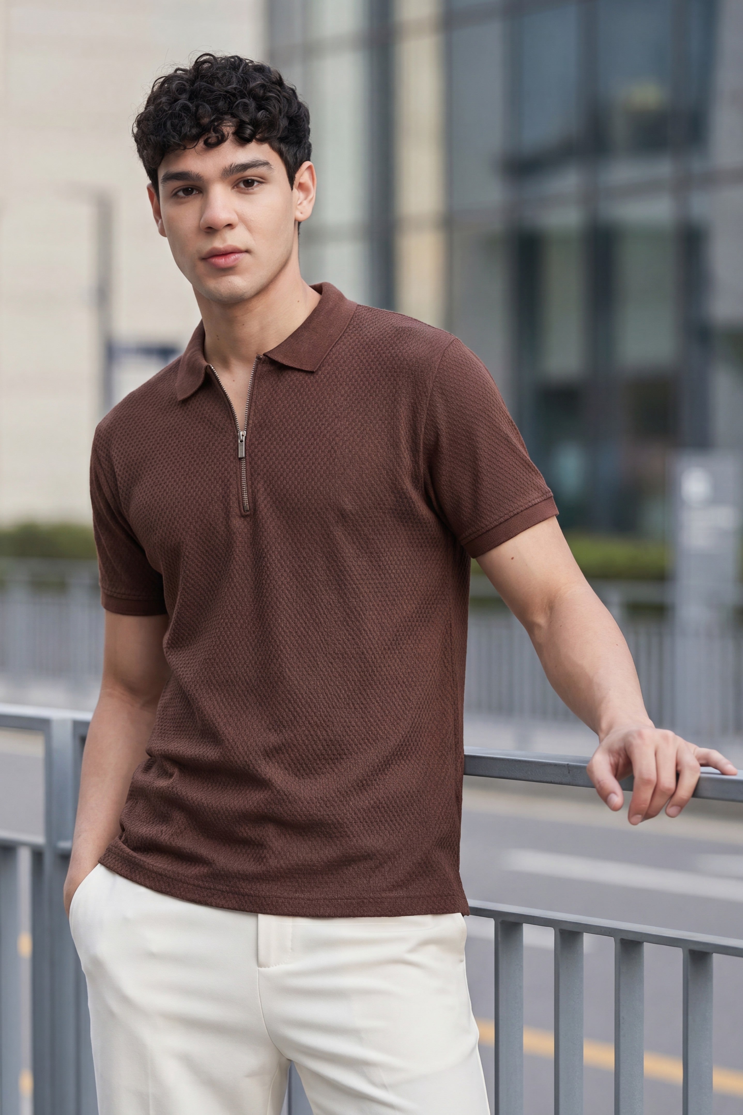 Maroon Textured Regular Fit Polo T-Shirt for Men - Image 1