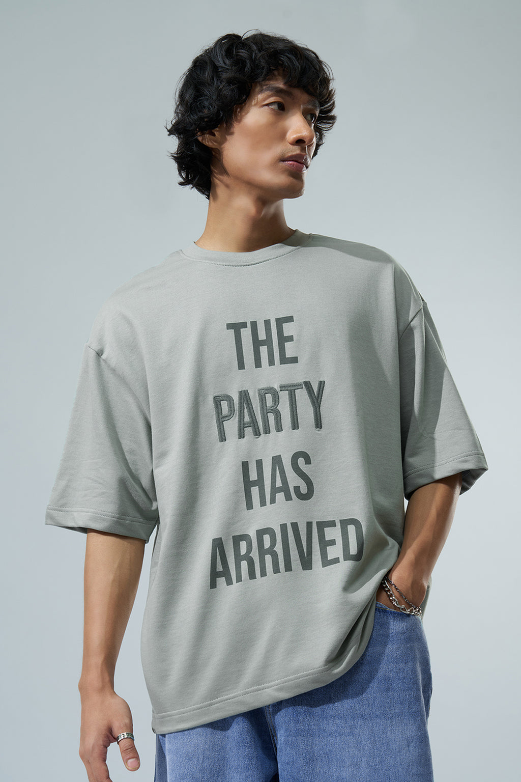 Light Green Typographic Printed Oversized Fit T-Shirt for Men - Image 2
