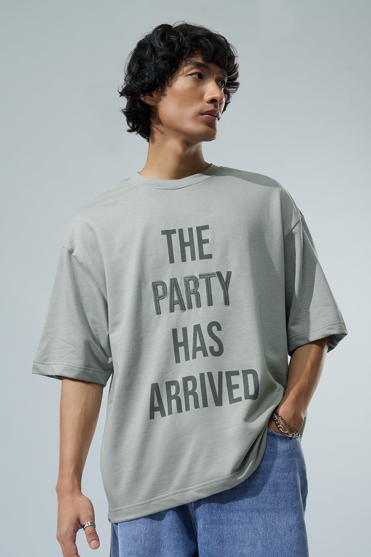 Light Green Typographic Printed Oversized Fit T-Shirt for Men - Image 2