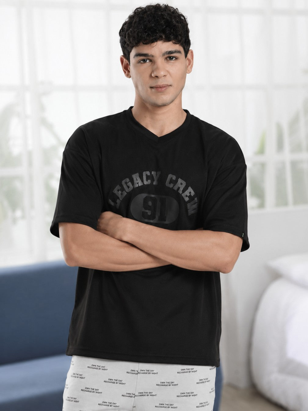 Black Typographic Oversized Fit T-Shirt for Men - Image 1