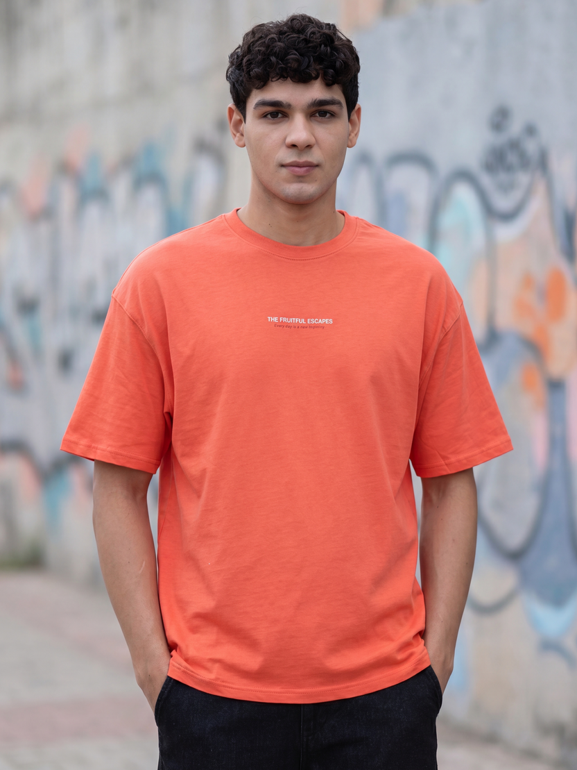 Orange Printed Oversized Fit T-Shirt For Men - Image 1