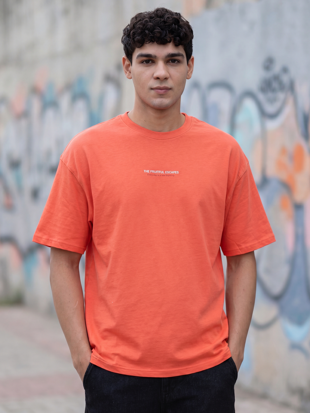 Orange Printed Oversized Fit T-Shirt for Men - Image 1