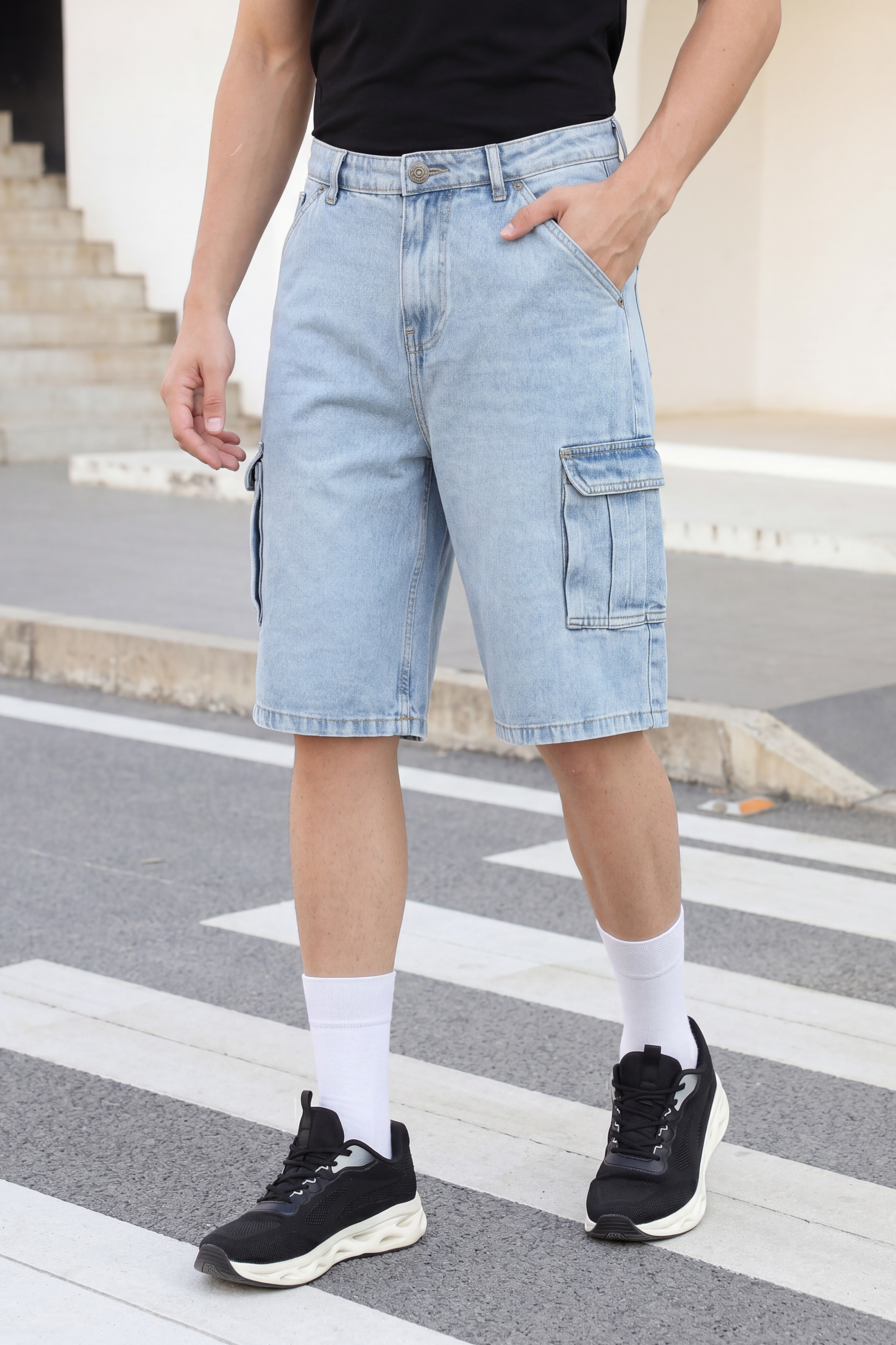 Light Blue Solid Regular Fit Shorts for Men - Image 1