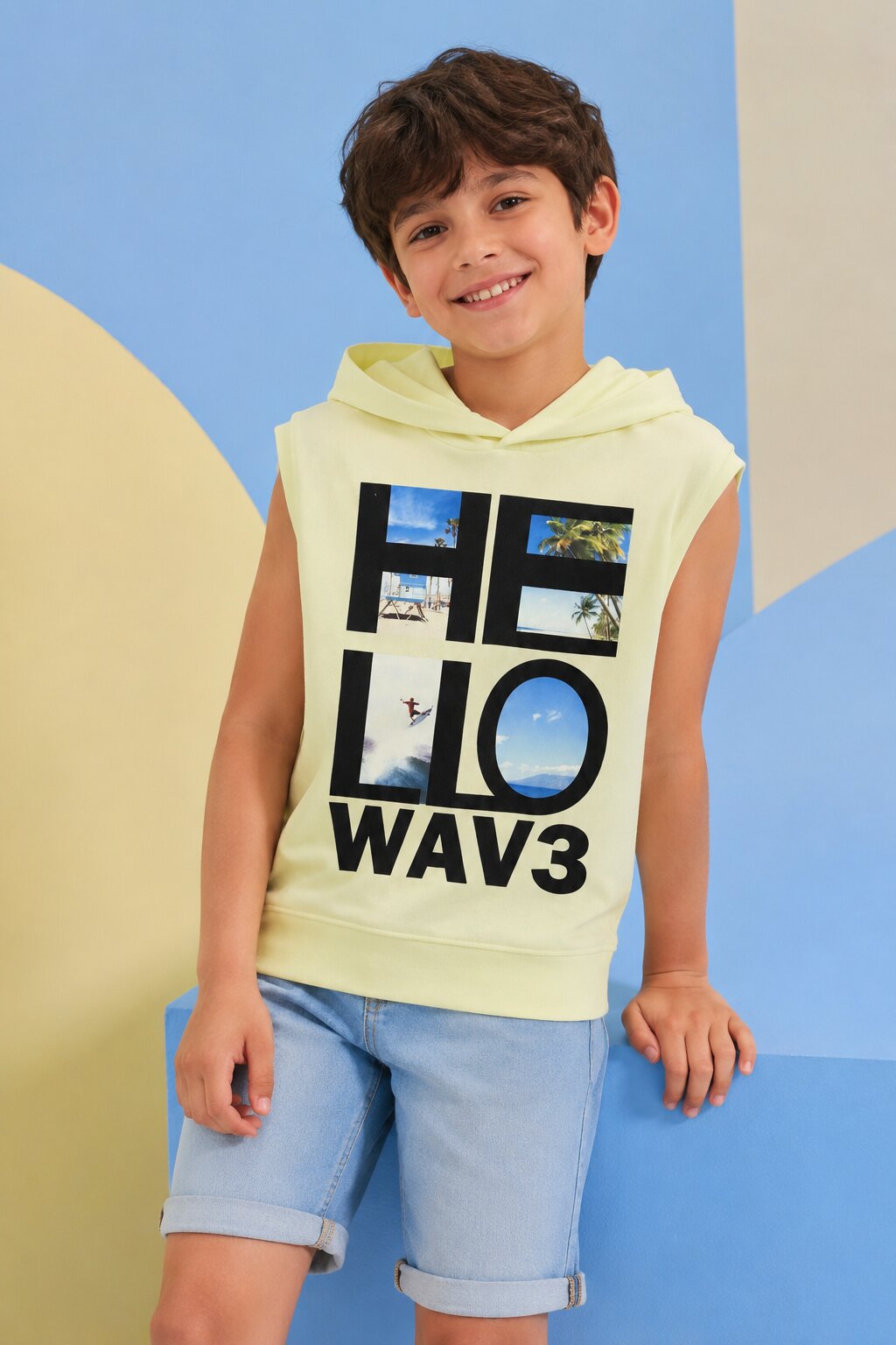 Lime Summer Graphic Sleeveless Hooded T‑Shirt for Tweens Boys - Image 1
