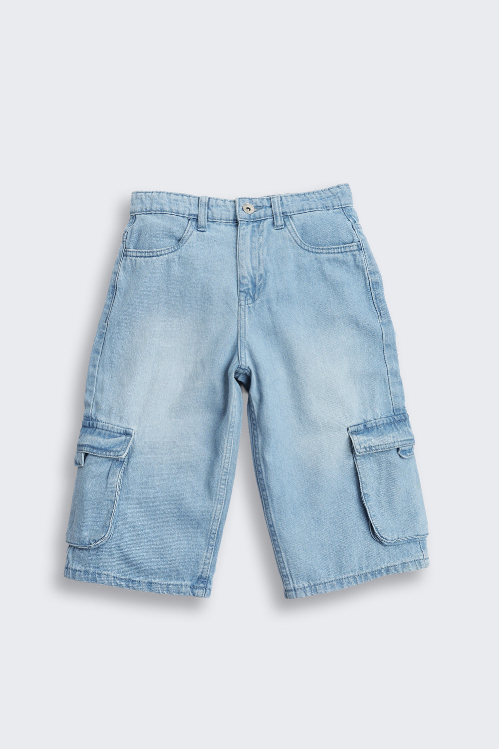 Light Blue Solid Regular Fit Denim Shorts for Tweens Boys - Image 2
