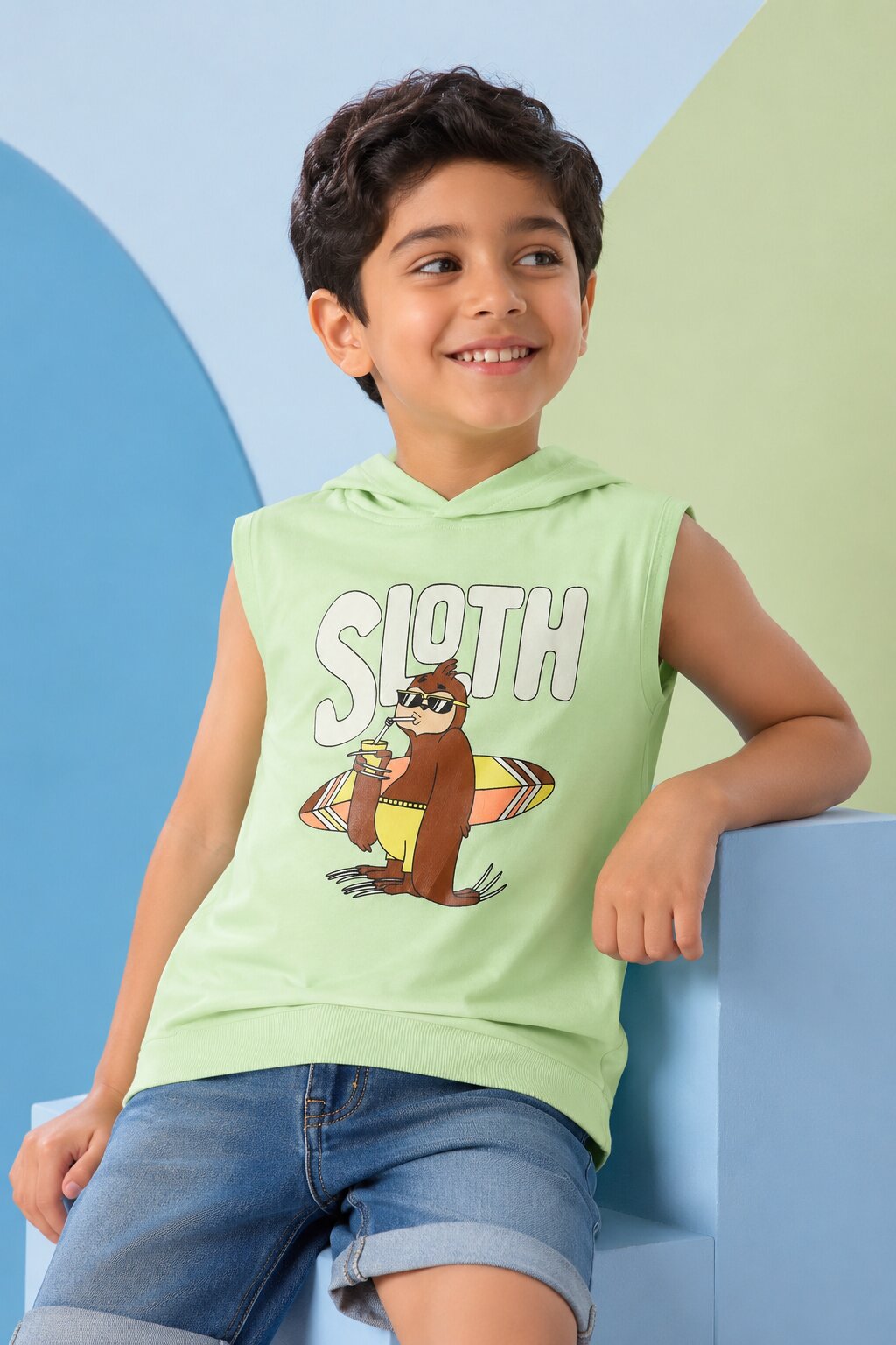 Light Green Surf Graphic Sleeveless Hooded T‑Shirt for Boys - Image 1