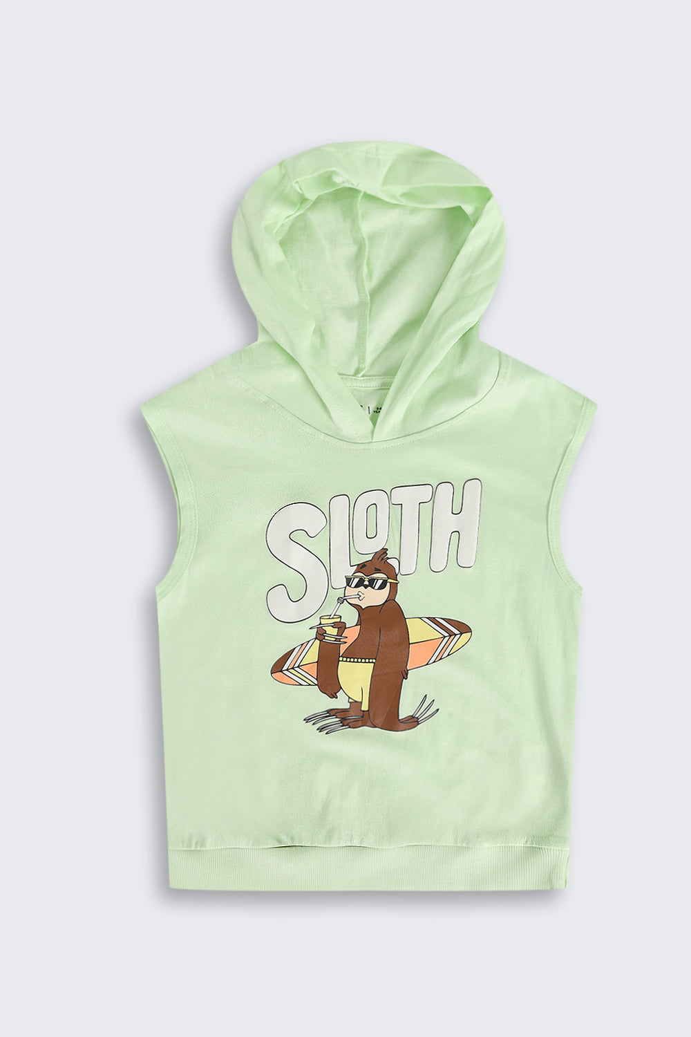 Light Green Surf Graphic Sleeveless Hooded T‑Shirt for Boys - Image 2