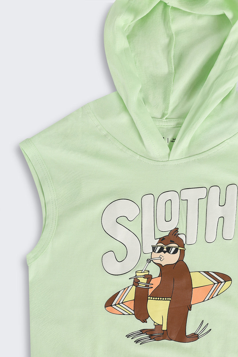 Light Green Surf Graphic Sleeveless Hooded T‑Shirt for Boys - Image 4