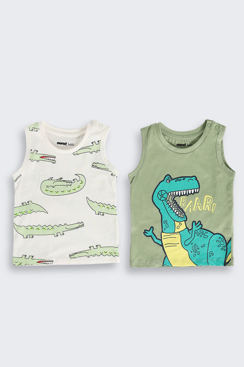 Green and White Cotton Regular Fit Pack of 2 T-Shirt for Infant Boys - Image 2