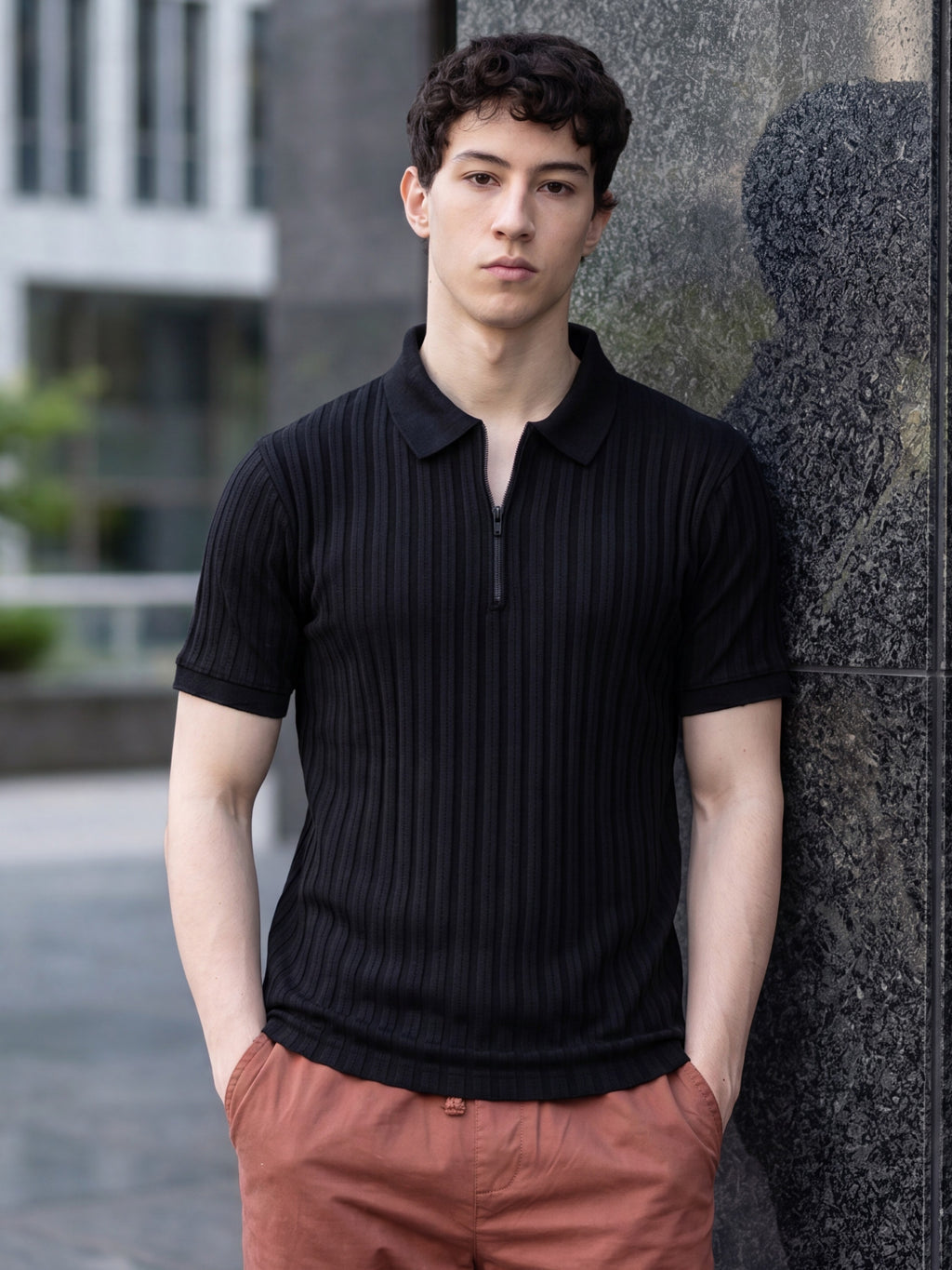 Black Textured Regular Fit Polo T-Shirt for Men - Image 1