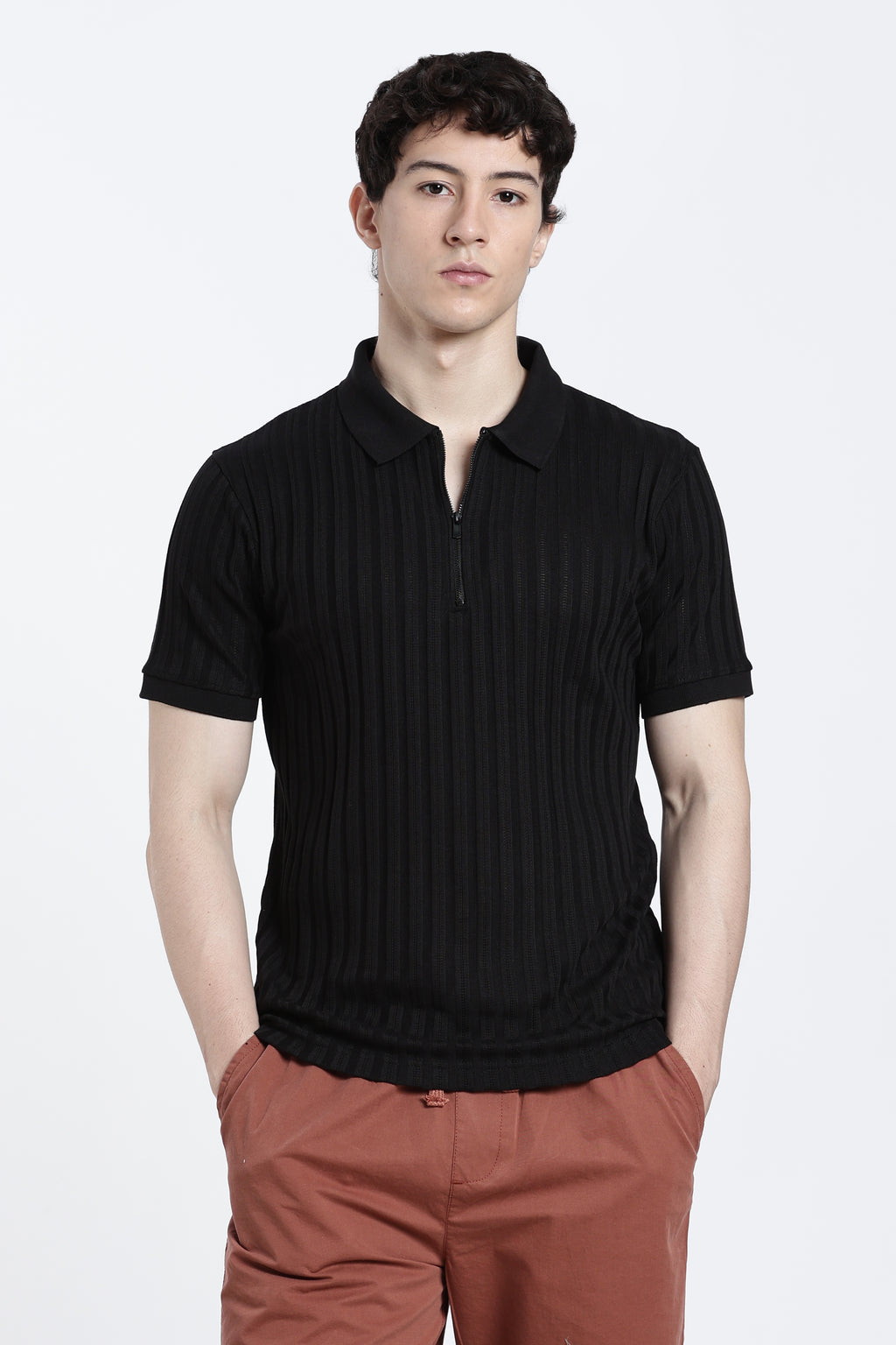 Black Textured Regular Fit Polo T-Shirt for Men - Image 2