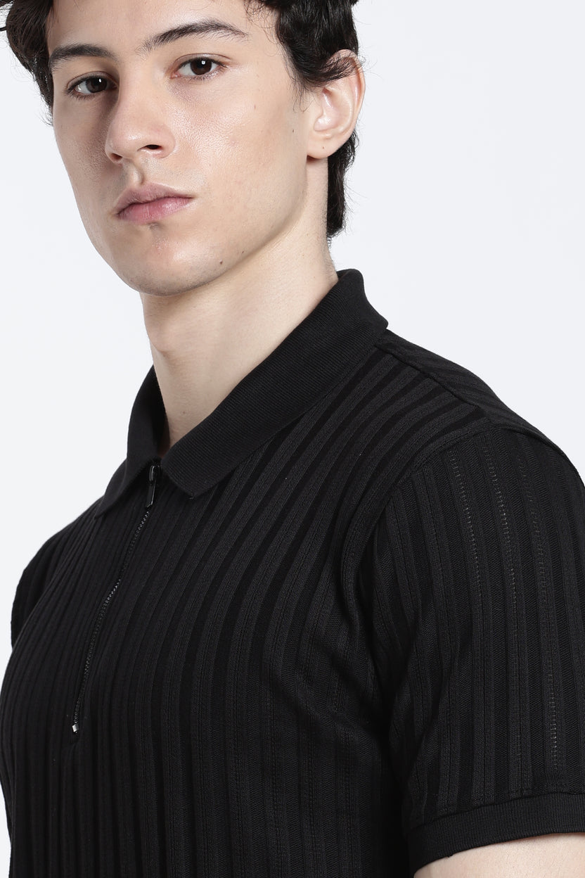 Black Textured Regular Fit Polo T-Shirt for Men - Image 3