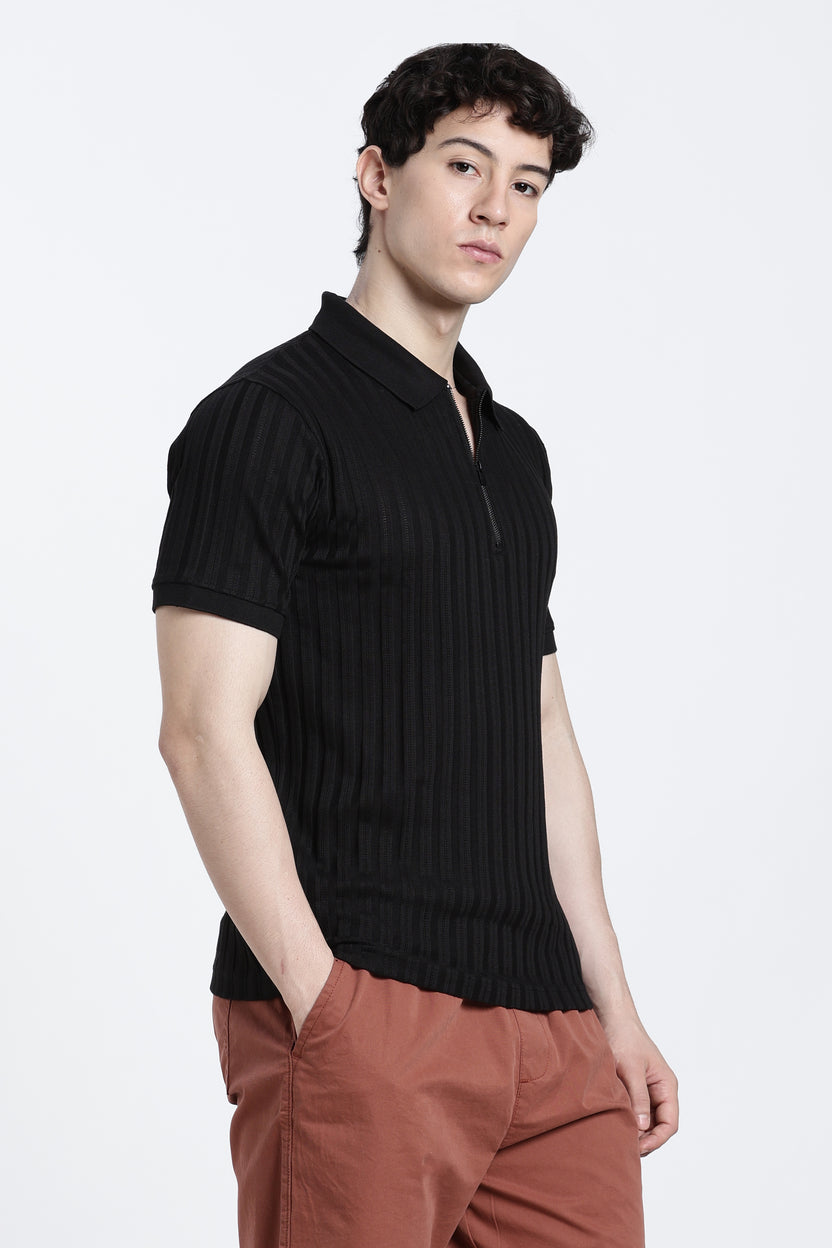 Black Textured Regular Fit Polo T-Shirt for Men - Image 4