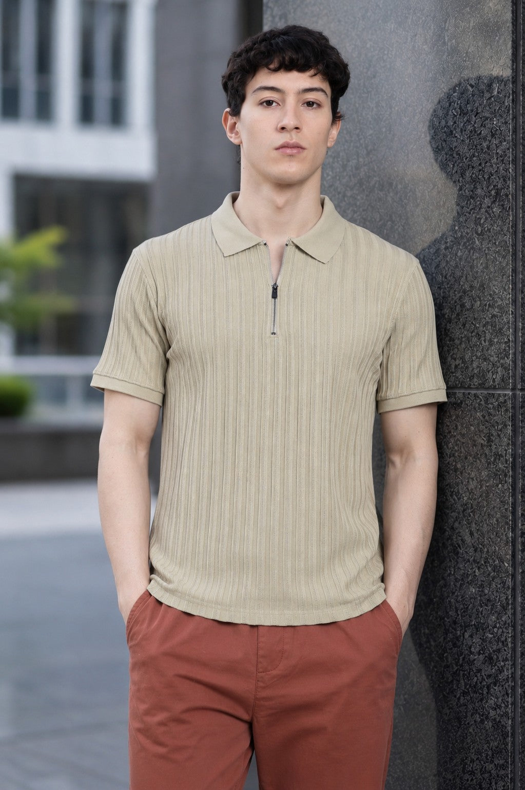 Beige Textured Regular Fit Polo T-Shirt for Men - Image 1