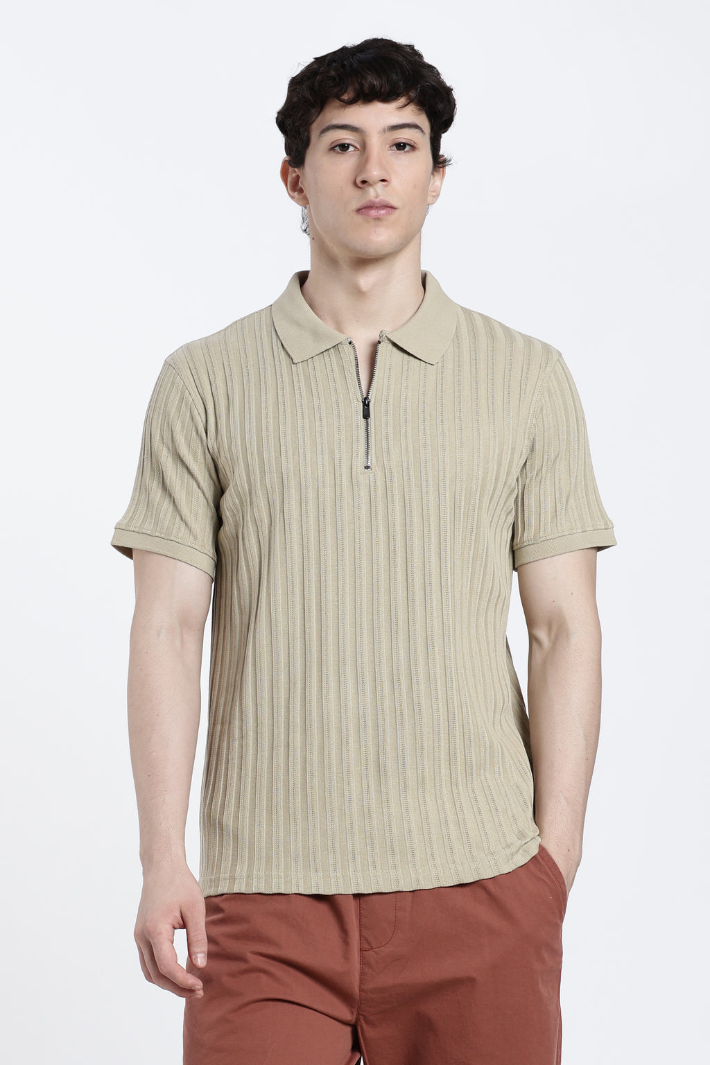 Beige Textured Regular Fit Polo T-Shirt for Men - Image 2