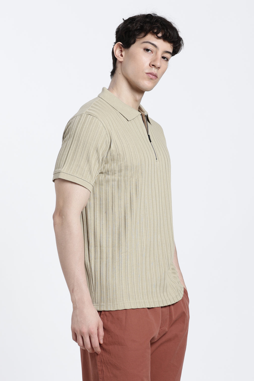 Beige Textured Regular Fit Polo T-Shirt for Men - Image 4
