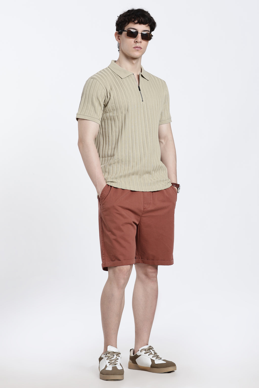 Beige Textured Regular Fit Polo T-Shirt for Men - Image 6