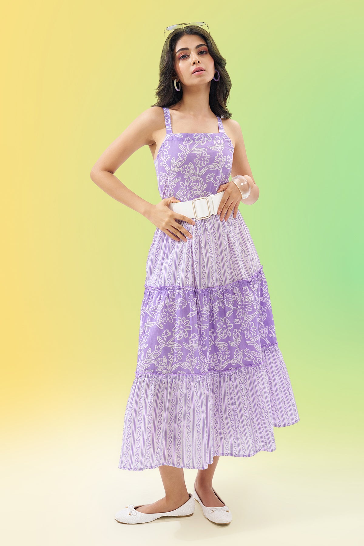Lilac Printed Sleeveless Tiered Dress for Women - Image 1