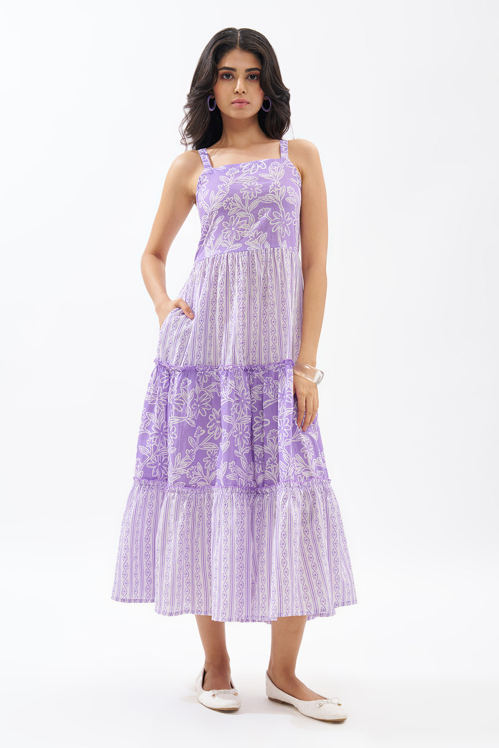 Lilac Printed Sleeveless Tiered Dress for Women - Image 2