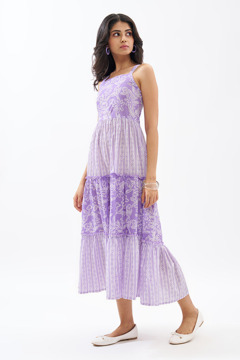 Lilac Printed Sleeveless Tiered Dress For Women - Image 4