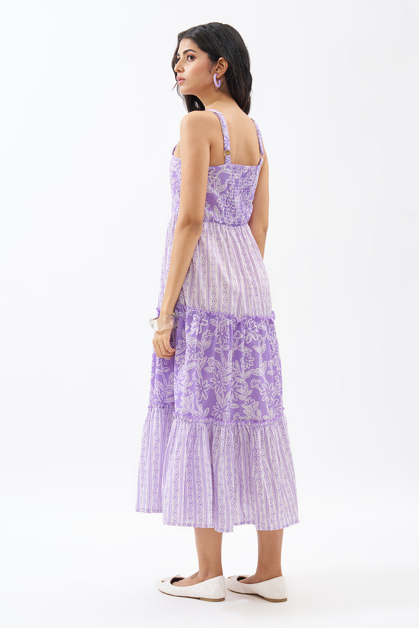 Lilac Printed Sleeveless Tiered Dress For Women - Image 5