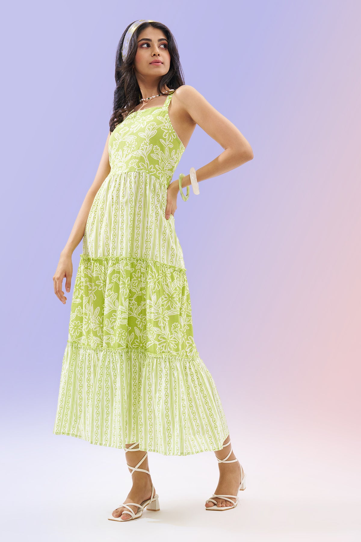 Lime Printed Sleeveless Tiered Dress for Women - Image 1