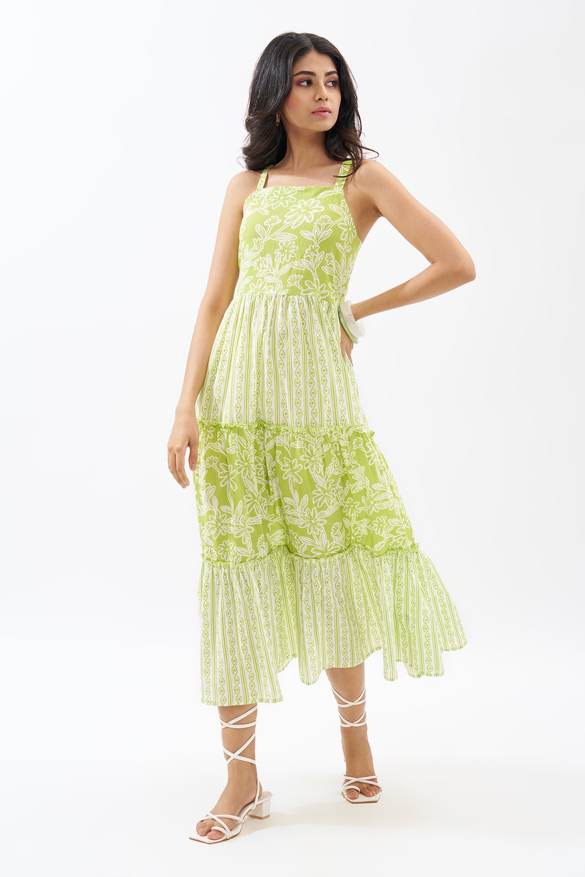 Lime Printed Sleeveless Tiered Dress for Women - Image 2